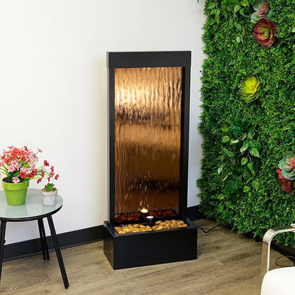Alpine Corporation - Mirror Waterfall Fountain with Stones & Lights - Zen Indoor/Outdoor Decor for Office, Living Room, Patio, Entryway - 48 Inches (Bronze)