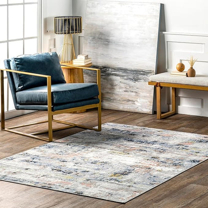 nuLOOM Aaliyah Abstract 8'10" x 12' Machine Washable Area Rug for Living Room Bedroom Dining Room Kitchen, Blue Multicolor/Ivory