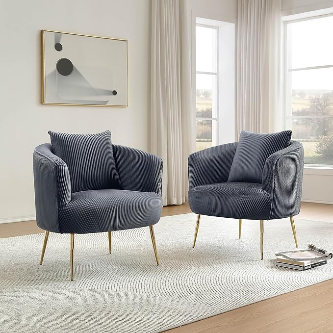 Art Leon Velvet Accent Chair, Upholstered Modern Single Sofa Chair, Comfy Barrel Chair with Golden Metal Legs for Living Room Bedroom, Gray