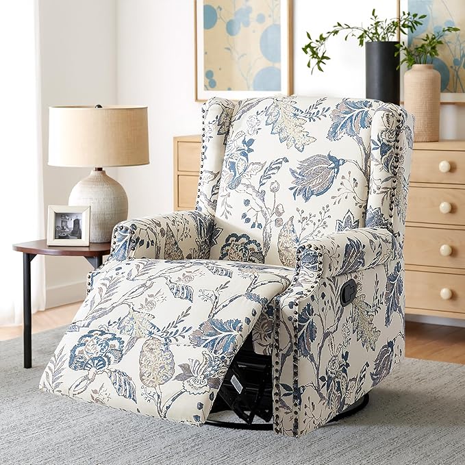 Premium 360° Swivel Recliner Chair with Footrest - Luxurious Cotton Linen & Botanical Design-Bule Plant