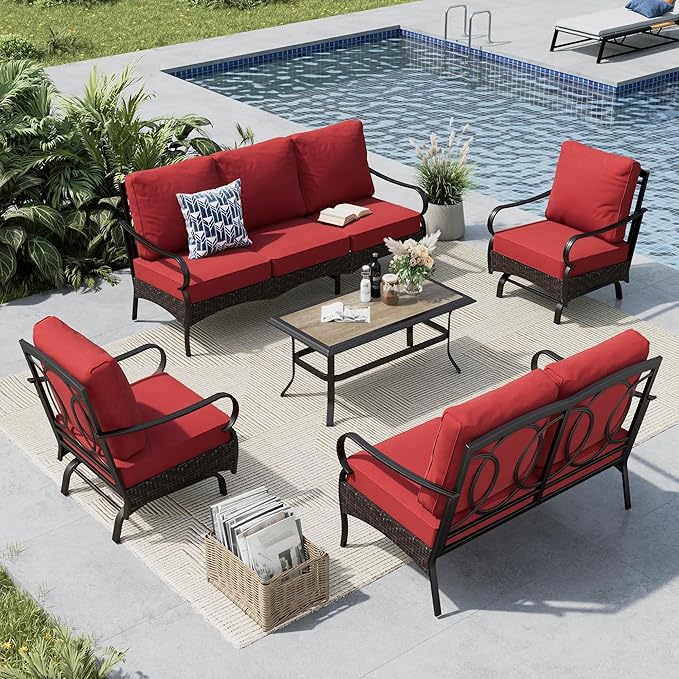 MFSTUDIO 5 PCS Outdoor Patio Furniture Set, Metal Outdoor Conversation Set, Rattan Wicker Patio Sectional Sofa Set with 2 x Rocking Single Sofa, 2-Seat and 3-Seat Sofa, 1 x Coffee Table, Red