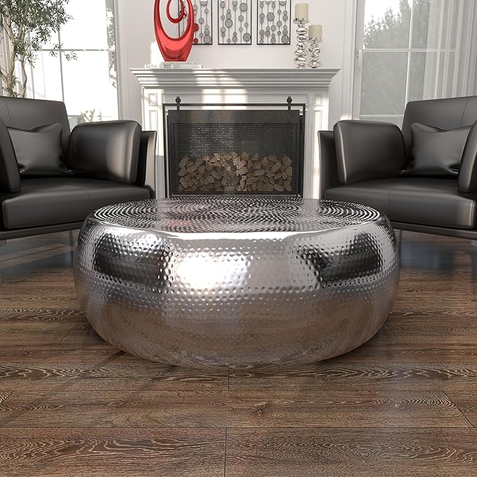 Deco 79 Aluminum Metal Living Room Coffee Table Drum Shaped Table with Hammered Design, Center Table 42" x 42" x 14", Silver