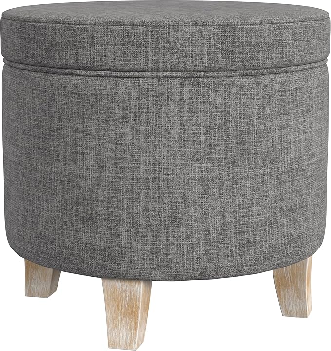 HomePop Upholstered Round Storage Ottoman|Homepop Home Décor|Upholstered Round Foot Rest Ottoman -Gray Woven