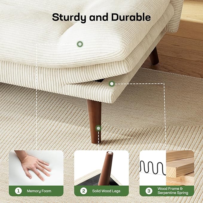 Marsail 75" Futon Sofa Bed, Futon Couch with Adjustable Backrest & Armrests, Convertible Sleeper Sofa Bed for Apartment, Living Room, Office, Corduroy Loveseat, Beige