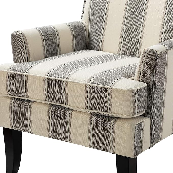 HULALA HOME Modern Accent Chairs Set of 2, Farmhouse High Back Striped Chairs with Wooden Legs & Nail Head Trim, Comfy Upholstered Armchairs for Living Room/Bedroom (Stripe Grey)