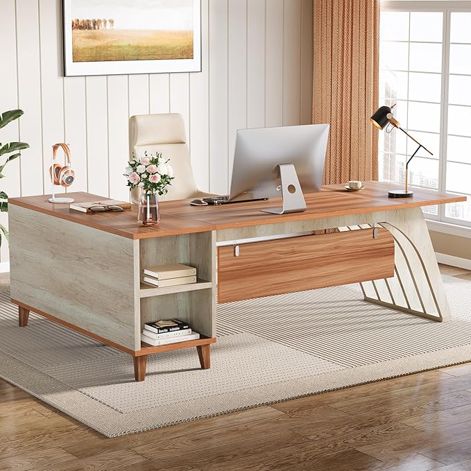 Tribesigns 78" Large L-Shaped Executive Desk, Modern Office Desk with Lateral File Cabinet and Drawer, Home Business Computer Workstation Set with Storage Shelves, Walnut & Oak