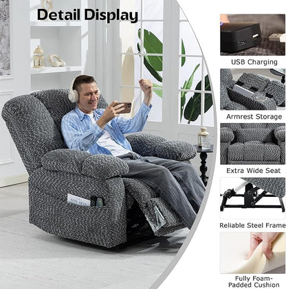 Big Man Recliner 500lbs Power Lift Recliner Chair for Big Tall Elderly Adults Oversized Lay Flat Lift Recliner with Extended Footrest,Heat Massage,Flip Arm Storage Cup Holders,USB Type C