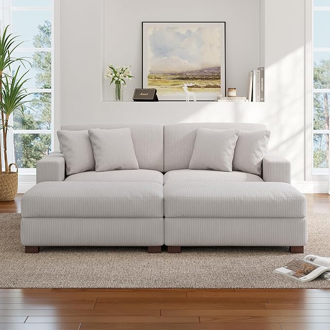 Modular Sectional Couches for Living Room, Modern Loveseat 2-Seater Sofa Couch with Ottoman, Upholstered Couches for Living Room Bedroom, Beige