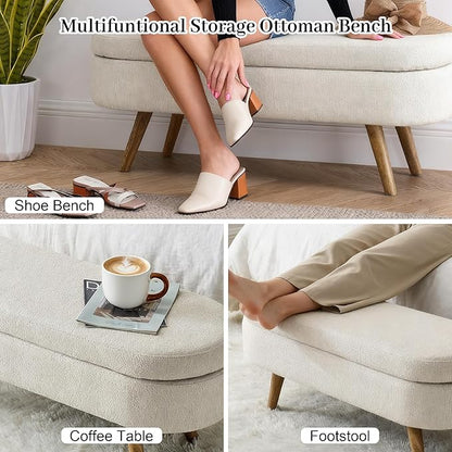 Storage Ottoman Bench 43" Ottoman Bench for Bedroom, Upholstered Boucle Fabric Footrest End of Bed with Safety Hinge Solid Wood Legs Foot Stool Storages Benches for Living Room Entryway, Beige