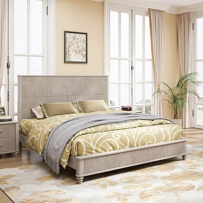 King Size Solid Wood Platform Bed Frame, Solid Wood Bed with 79.13" Headboard, Solid Wood Leg/No Box Spring Needed/Noise Free/Beige