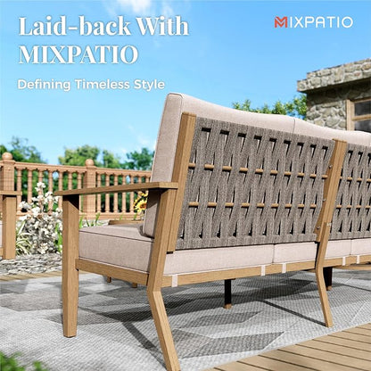 7-Piece Patio Outdoor Conversation Furniture Set with Dual Swivel/Stationary Chairs, Steel Modern Outdoor Patio Conversation Sets with Thick Cushions for Porch, Balcony, Backyard-Beige