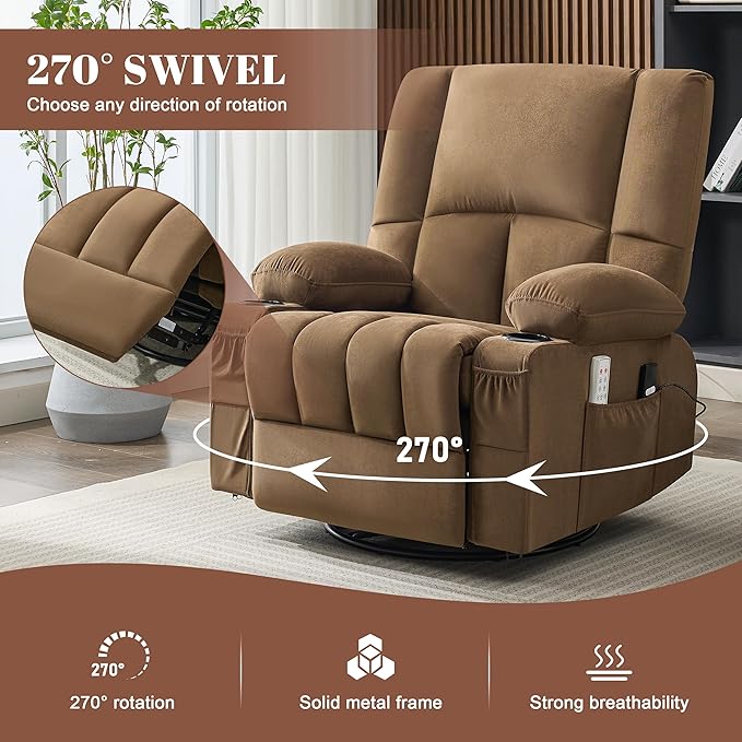 Swivel Rocker Chair with Heat and Massage, 270° Power Recliner Chairs for Adults, USB and Type-C Ports, Oversized Recliner Single Sofa, Electric Glider Chair(Brown)
