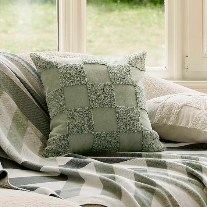 Double Stitch Checkered Throw Pillow Covers - 100% Cotton Set of 2 Tufted Boho Decorative Pillow Covers 20x20, Made in India, Square Cushion Case, Modern Home Decor for Couch, Sofa, Sage Green