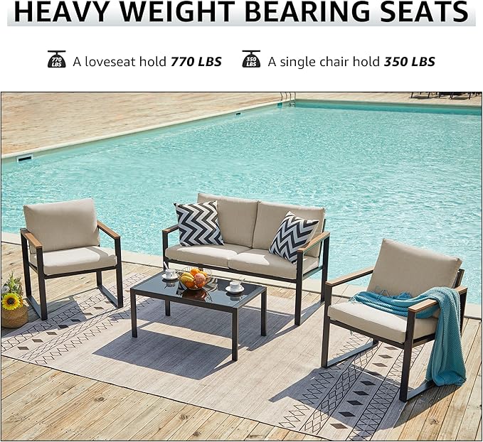 NATURAL EXPRESSIONS 4 Pieces Patio Furniture Sets,Metal Outdoor Patio Furniture Sets,Outdoor Sectional Patio Conversation Set,Wooden Anti-Scald Armrest,Sling Mesh,4" Olefin Cushions