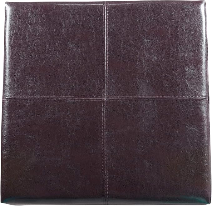 HomePop Faux Leather Square Storage Ottoman with Wood Legs, Distressed Brown