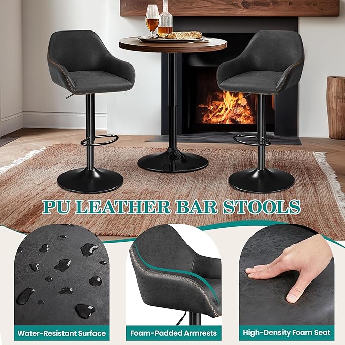 Yaheetech Bar Stools Set of 4, PU Leather Swivel Counter Height Barstools, Adjustable Bar Chairs with Backrest and Footrest, Kitchen Island Stool for Home Kitchen, Black