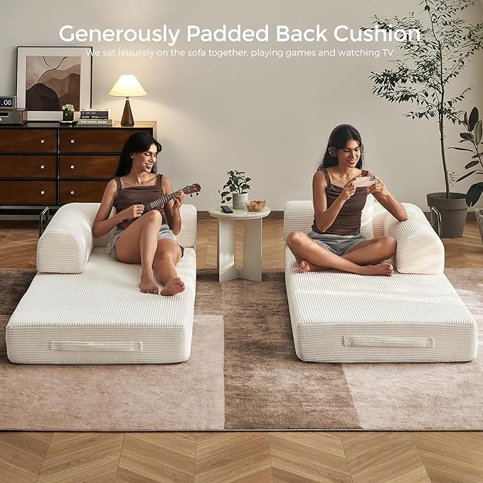 79" Convertible Sofa Bed with Fixed-Shape Frame & Removable Armrests, Modular Corduroy Sleeper Sofa, Folding Mattress Couch for Small Spaces - No Assembly Needed in Beige White (Includes 2 Pillows)