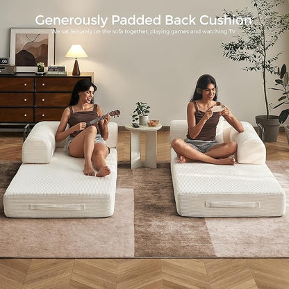 79" Convertible Sofa Bed with Fixed-Shape Frame & Removable Armrests, Modular Corduroy Sleeper Sofa, Folding Mattress Couch for Small Spaces - No Assembly Needed in Beige White (Includes 2 Pillows)
