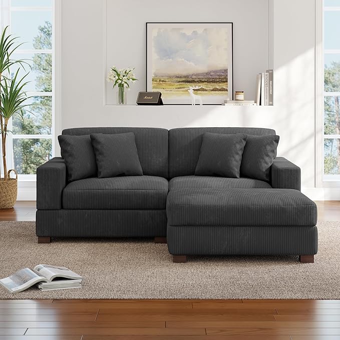 Modular Sectional Couches for Living Room, Modern Loveseat 2-Seater Sofa Couch with Ottoman, Upholstered Couches for Living Room Bedroom, Grey