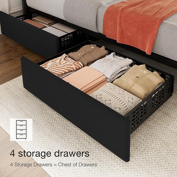 Garvee Queen Size Bed Frame with 4 Storage Drawers, Adjustable Height Headboard, Linen Upholstered Platform Bed Frame, No Box Spring Needed, Easy Assembly, Black
