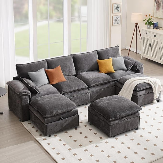 130" U Shaped Modular Sectional Sofa, Couch with Ottoman Storage, Chenille Cloud Couch with Plush Deep Seating for Living Room, Bedroom (7 Seat, Grey)