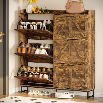 Shoe Cabinet Storage for Entryway, Shoe Storage Cabinet with 6 Flip Drawers, Freestanding Narrow Shoe Rack Organizer with Metal Legs, Adjustable Shelves & Open Storage for Foyer, Hallway, Brown