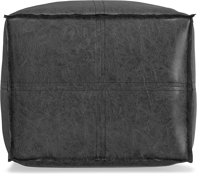 SIMPLIHOME Brody 18-inch Wide Square Pouf in Distressed Black Vegan Faux Leather, Boho-Style Ottoman, Footstool or Extra Seating for Living Room, Assembled