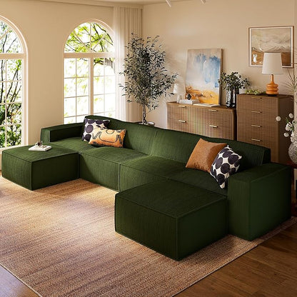 Marsail Modular Sectional Sofa, 142" U-Shaped Modular Sectional Couch with Deep Seat, Freely Combinable Sectional Cloud Sofa for Living Room, No Assembly, Plush Corduroy Fabric, Green
