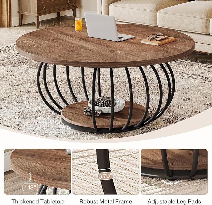 Tribesigns Round Coffee Table for Living Room, 39.4" Industrial Wooden 2-Tier Circle Accent Center Cocktail Table with Storage Shelf and Metal Frame, Rustic Brown & Black