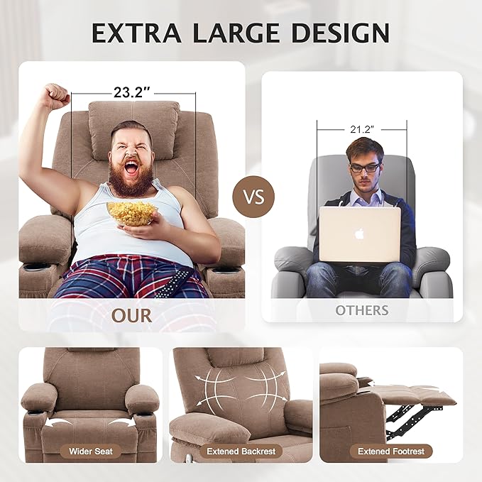 Oversized Swivel Rocker Recliner Chair with Heat and Massage, Large Big Recliner Chair for Living Room, 360 Degree Swivel Rocking Single Sofa with Cup Holders and USB Port(Fabric, Nut Brown)