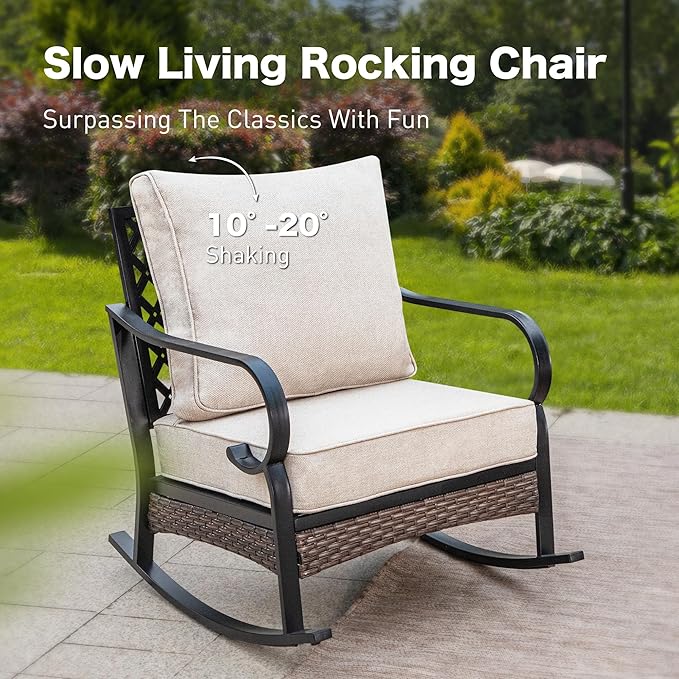5 Piece Metal Outdoor Patio Furniture Set, Patio Conversation Sets, Outdoor Seating Furniture 3-Seater Sofa, 2 Leg Chair and 2 Swivel Chair with 5.75" Cushion for Backyard Deck, Beige