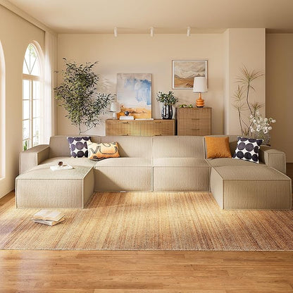 Marsail Modular Sectional Sofa, 142" U-Shaped Modular Sectional Couch with Deep Seat, Freely Combinable Sectional Cloud Sofa for Living Room, No Assembly, Plush Corduroy Fabric, Beige