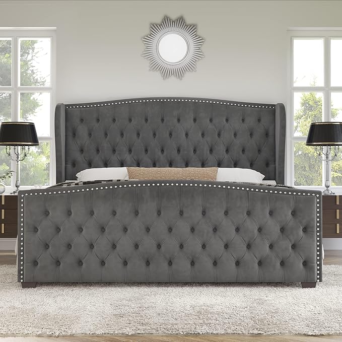 AMERLIFE California King Size Platform Bed Frame, Velvet Upholstered Bed with Deep Button Tufted & Nailhead Trim Wingback Headboard/No Box Spring Needed, Grey