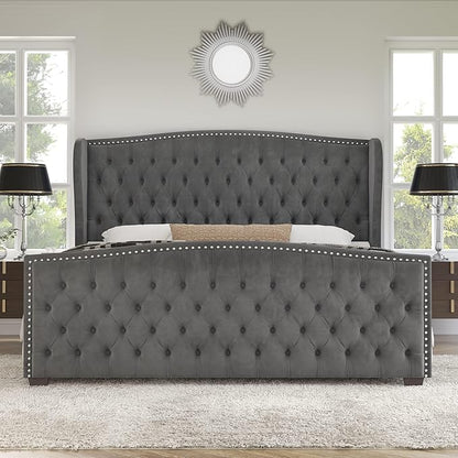AMERLIFE California King Size Platform Bed Frame, Velvet Upholstered Bed with Deep Button Tufted & Nailhead Trim Wingback Headboard/No Box Spring Needed, Grey