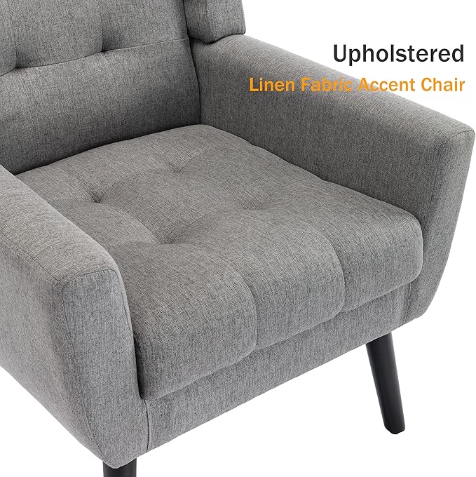 Dolonm Midcentury Modern Accent Chair with Arms, Upholstered Fabric Reading Side Chair Tufted Back Decorative Wingback Chair for Living Room Bedroom (Light Grey)