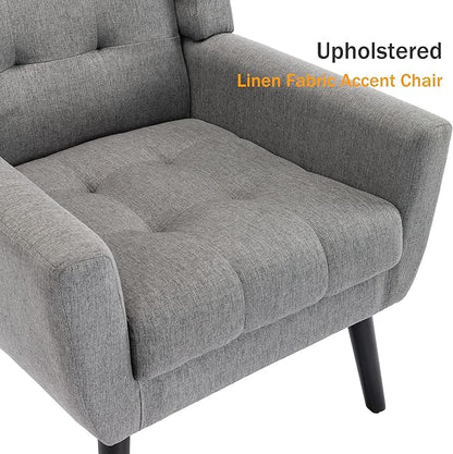 Dolonm Midcentury Modern Accent Chair with Arms, Upholstered Fabric Reading Side Chair Tufted Back Decorative Wingback Chair for Living Room Bedroom (Light Grey)