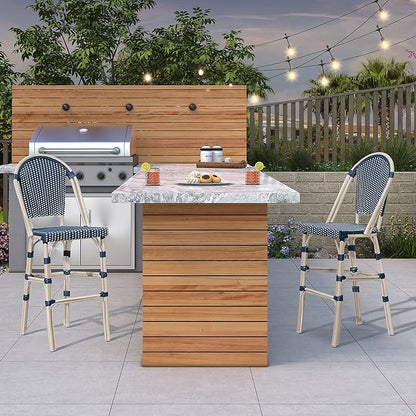 PURPLE LEAF French Bar Stool Set of 2 White Print Finish Patio Bar Stools with Back Rattan Chairs Wicker Bar Height Stool 30" with Footrest Kitchen Island Stools Outdoor Barstool Royal Blue