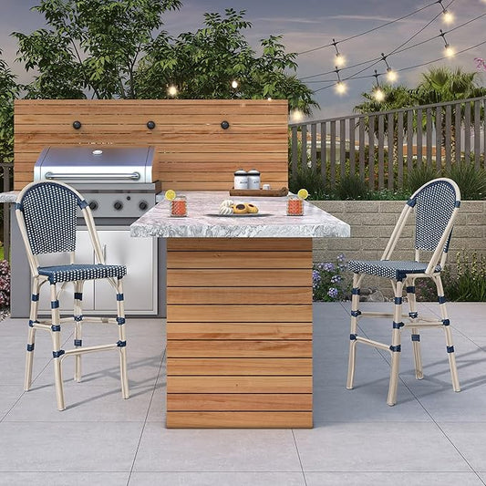 PURPLE LEAF French Counter Height Bar Stool Set of 4 25" White Print Finish Patio Bar Chairs with Back Rattan Bar Chairs French Bistro Set for Kitchen Outdoor Counter Stool Royal Blue