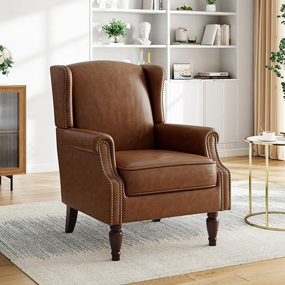 Pia Ricco Set of 2 Faux Leather Accent Chairs, High Back Wingback Armchairs with Retro Floral Design, Nailhead Trim & Solid Wood Legs for Living Room Bedroom Home Office (Brown)