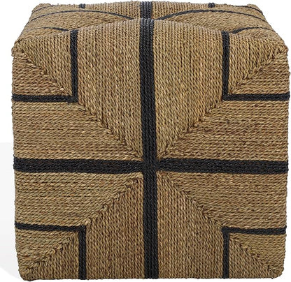 SAFAVIEH Couture Collection - Liatasha Natural & Black Woven Seagrass Square Ottoman, Fully Assembled (CWK2023A)