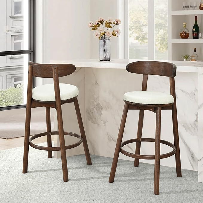 Christopher Knight Home Soley Modern Counter Height Bar Stools Set of 2, Boucle Fabric Round Stool Chair for Kitchen Island, Upholstered Counter Stool with Footrest and Backrest, Walnut+Beige