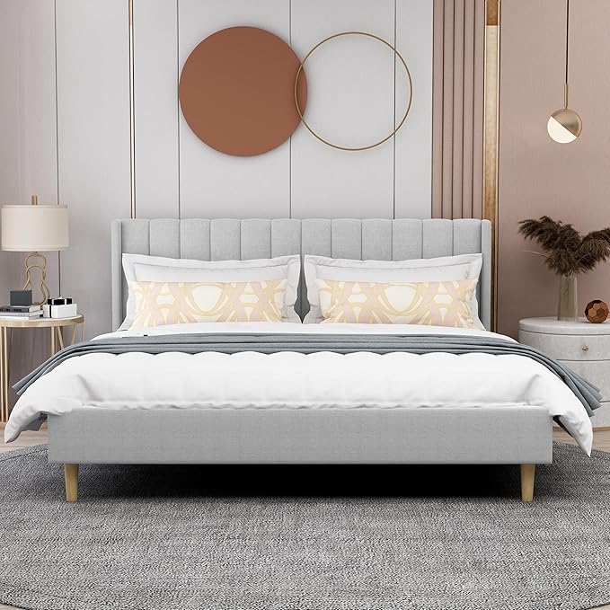 AGARTT Upholstered Platform Bed Frame King Size with Headboard and Footboard/Wooden Slats Support/No Box Spring Needed/Easy Assembly,Light Grey Linen