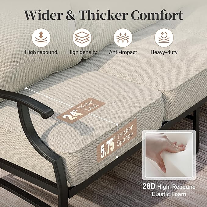 Patio Furniture Set, Modern Metal Outdoor Patio Furniture, 3 Seater Sofa, 2 Fixed Chairs, 2 Ottomans and 5.75" Extra Thick Cushion, Patio Conversation Set for Garden Backyard Deck