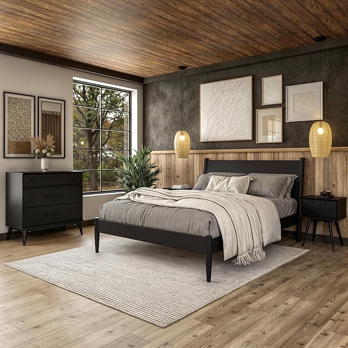 Camaflexi Mid-Century Panel Bed - Queen Size - Black Finish