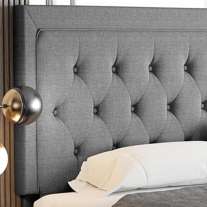 Allewie Queen Size Upholstered Platform Bed Frame with Adjustable Headboard, Button Tufted, Wood Slat Support, Easy Assembly, Light Grey