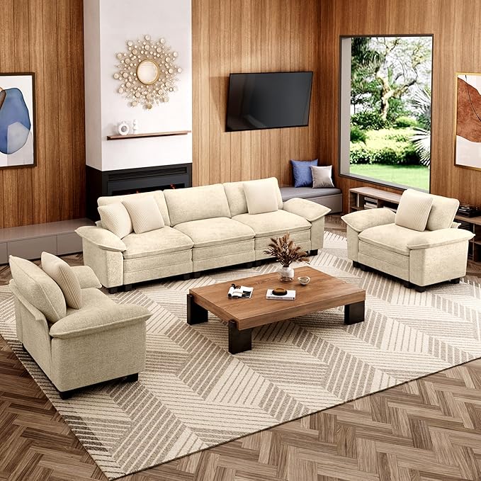 Cloud Couch Sectional Sofa Set, Plush 24.4-Inch Deep 5-Seat Sectional with Velvety Chenille & Removable Arms for Living Room and Apartment, Beige