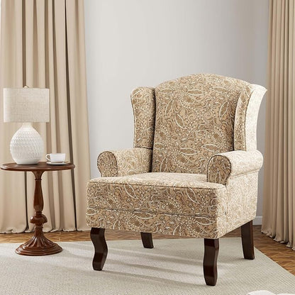 Accent Chair Set of 2, High Back Upholstered Armchair with High Resilience Sponge & Wood Legs, Mid-Century Modern Comfy Single Sofa Reading Chairs for Living Room, Bedroom-Floral Light Brown
