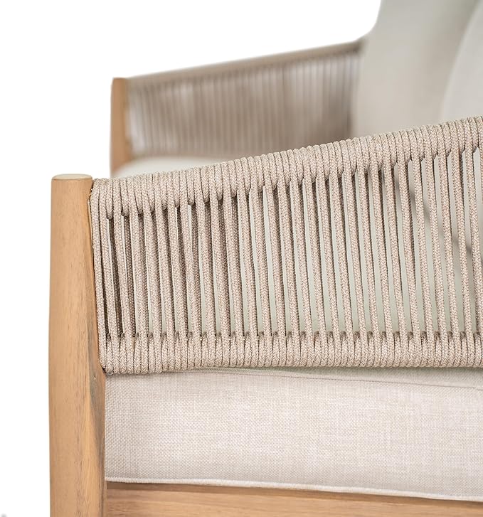 Christopher Knight Home Katarina Patio Acacia Wood Loveseat Furniture, Outdoor Loveseat Sofa with Comfy Fabric Cushions, 2-Seater Sofa with Handwoven Rope Backrest for Garden, Light Brown+Beige