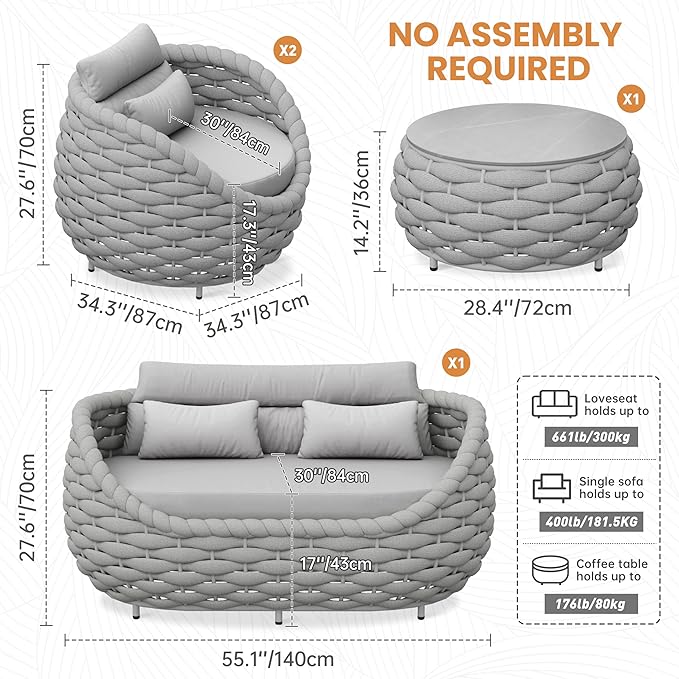 Woven Rope Patio Sofa Furniture Set of 4: Aluminum All Weather Outdoor Conversation Set, Couch Armchair and Loveseat Set with Table Cushions for Deck Porch Poolside Garden Backyard Hotel - Gray