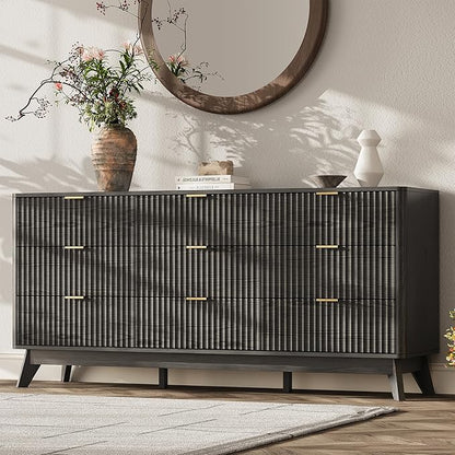 63'' Wide 9 Drawers Dresser for Bedroom,Modern Fluted Vertical Chest with Rounded Corners,Fluted Dresser for Living Room,Hallway, Black